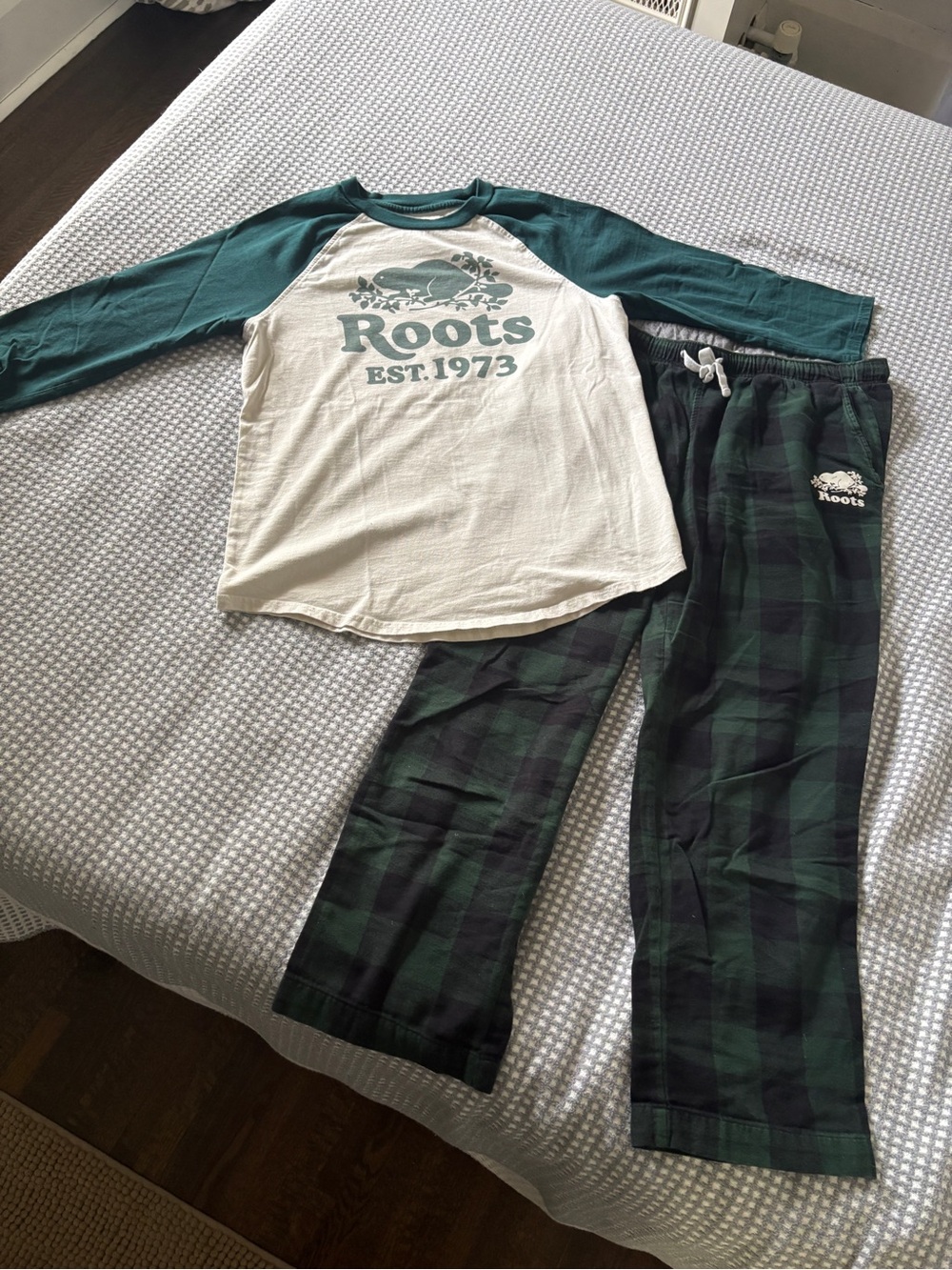 Organic Cotton Roots Women’s Green Raglan Top and Green/Blue Plaid Pajama Pants